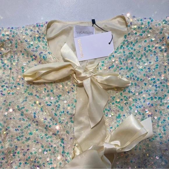 NEW Womens Sugarlips Sequin Crew Long Sleeve Satin Bow Tie White Jacket  $79 - Picture 9 of 10